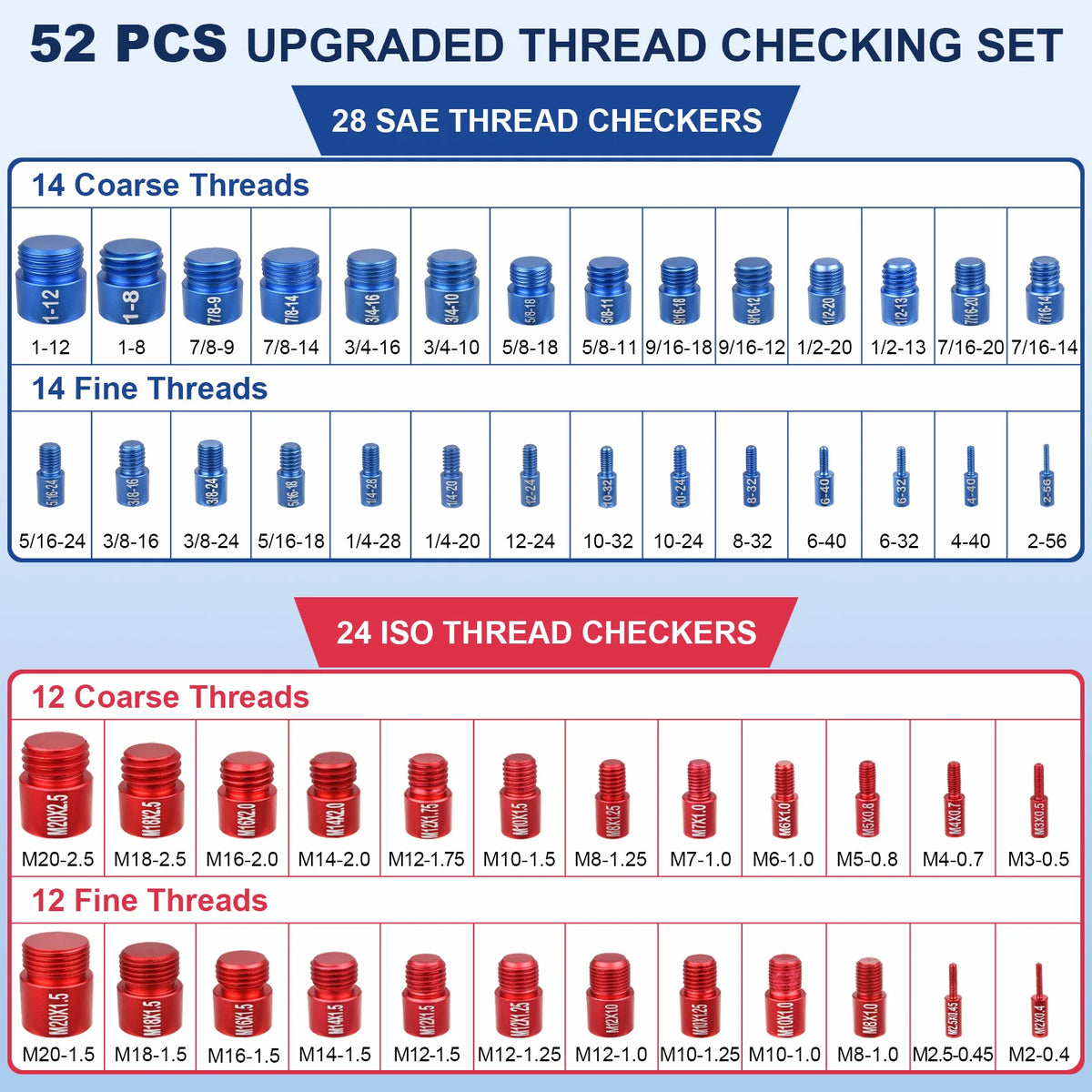 A collection of 52 pieces of metric and SAE bolt and nut thread checkers, including coarse and fine threads.