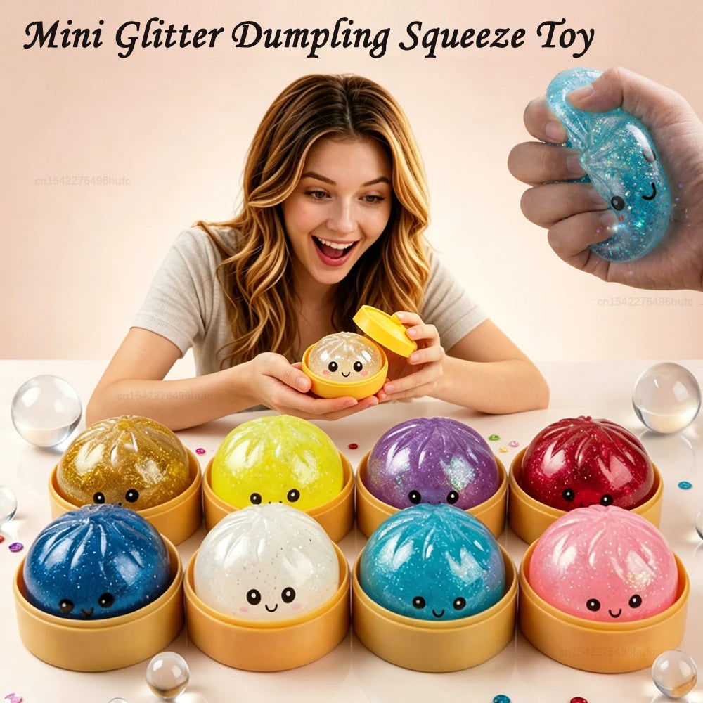 A woman holds a hand squeezing a colorful glitter dumpling squeeze toy with various colors.
