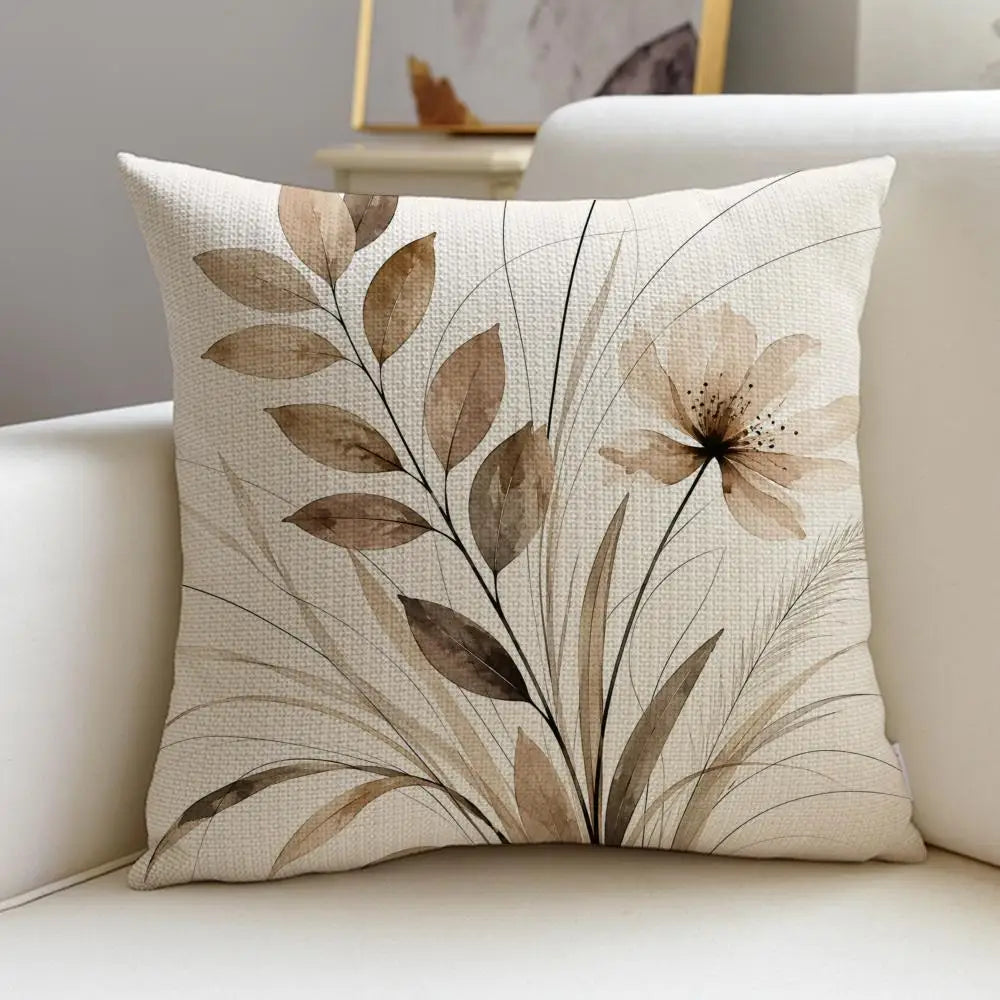Beige Minimal Blooms Linen Throw Pillow Covers