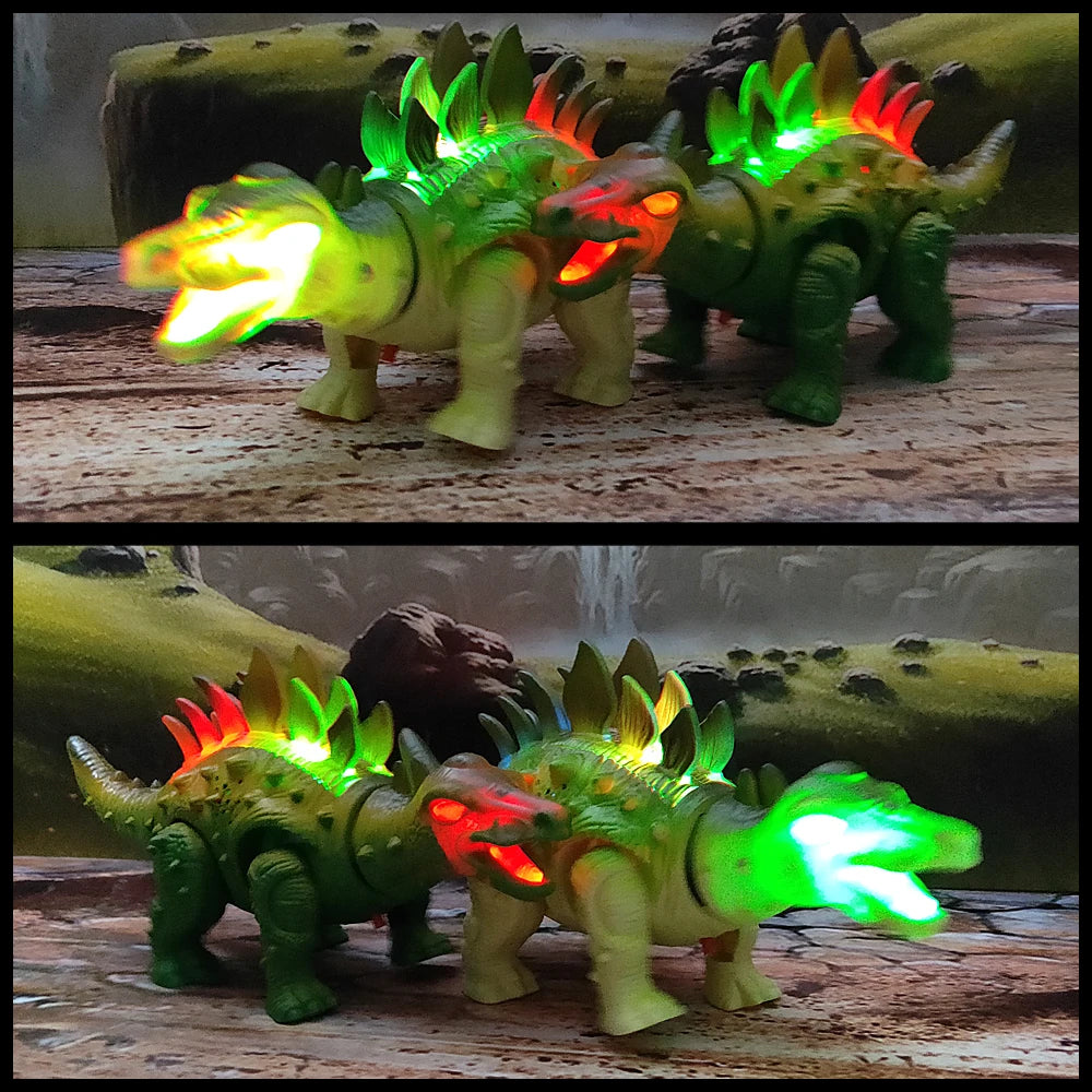 A green interactive walking T-Rex dinosaur toy with glowing orange and green lights in a natural setting.