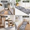 A collection of various patterned rugs and mats displayed in different rooms including a bathroom, entryway, laundry area, an