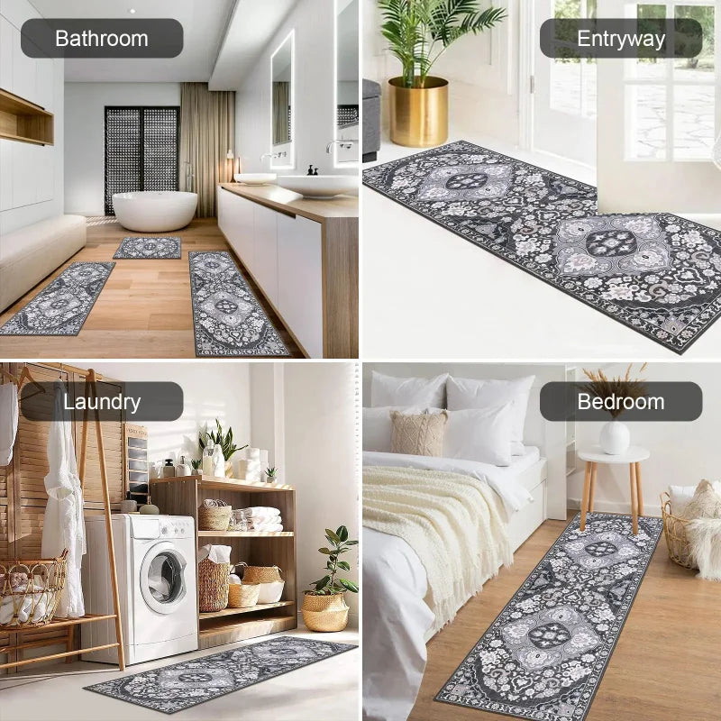 A collection of various patterned rugs and mats displayed in different rooms including a bathroom, entryway, laundry area, an