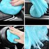A hand is applying a bright blue reusable cleaning gel to the interior of a car, demonstrating its use for cleaning gaps and 