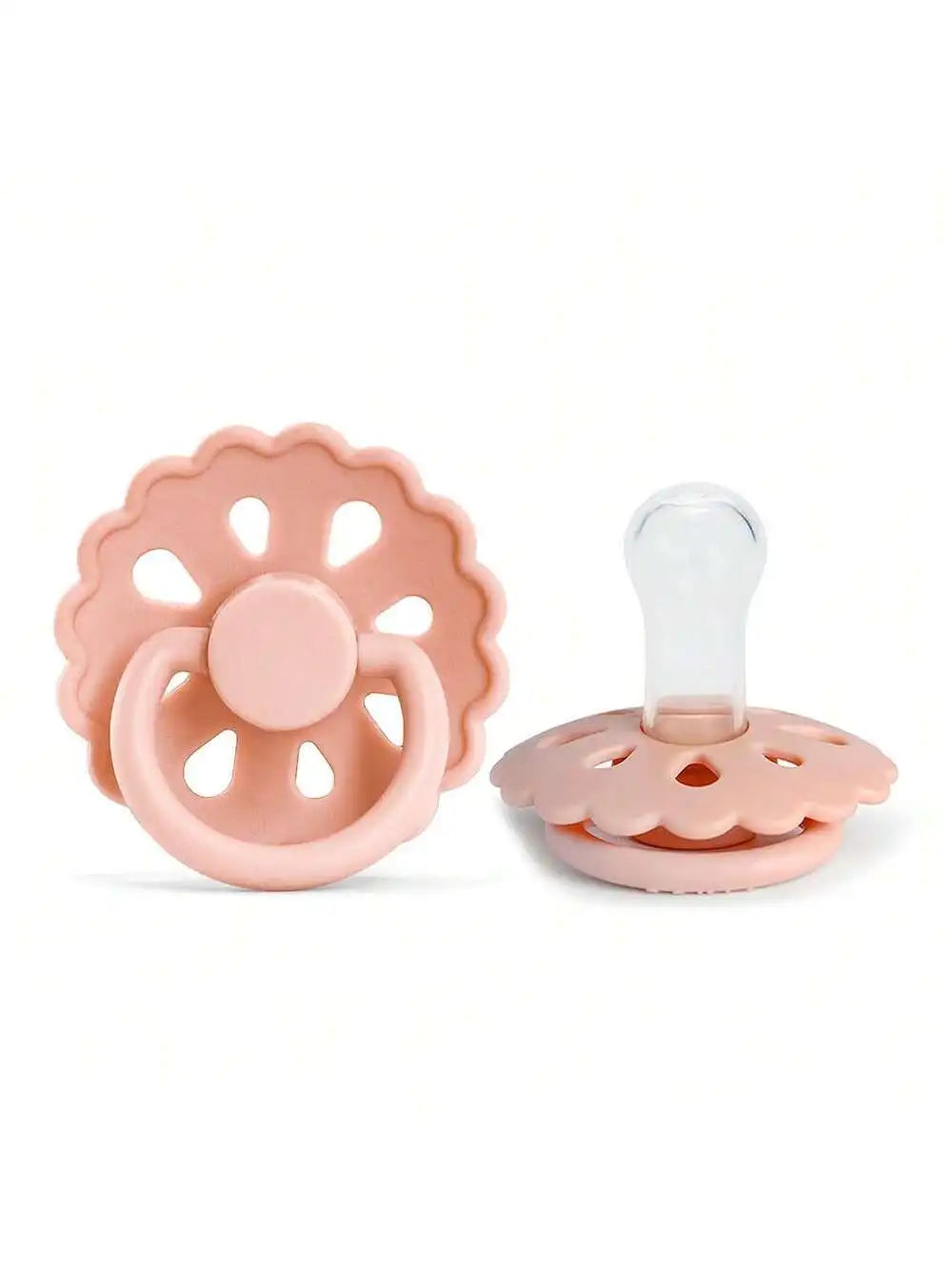 A pink silicone baby pacifier with a flower-shaped ring and a clear silicone nipple top.