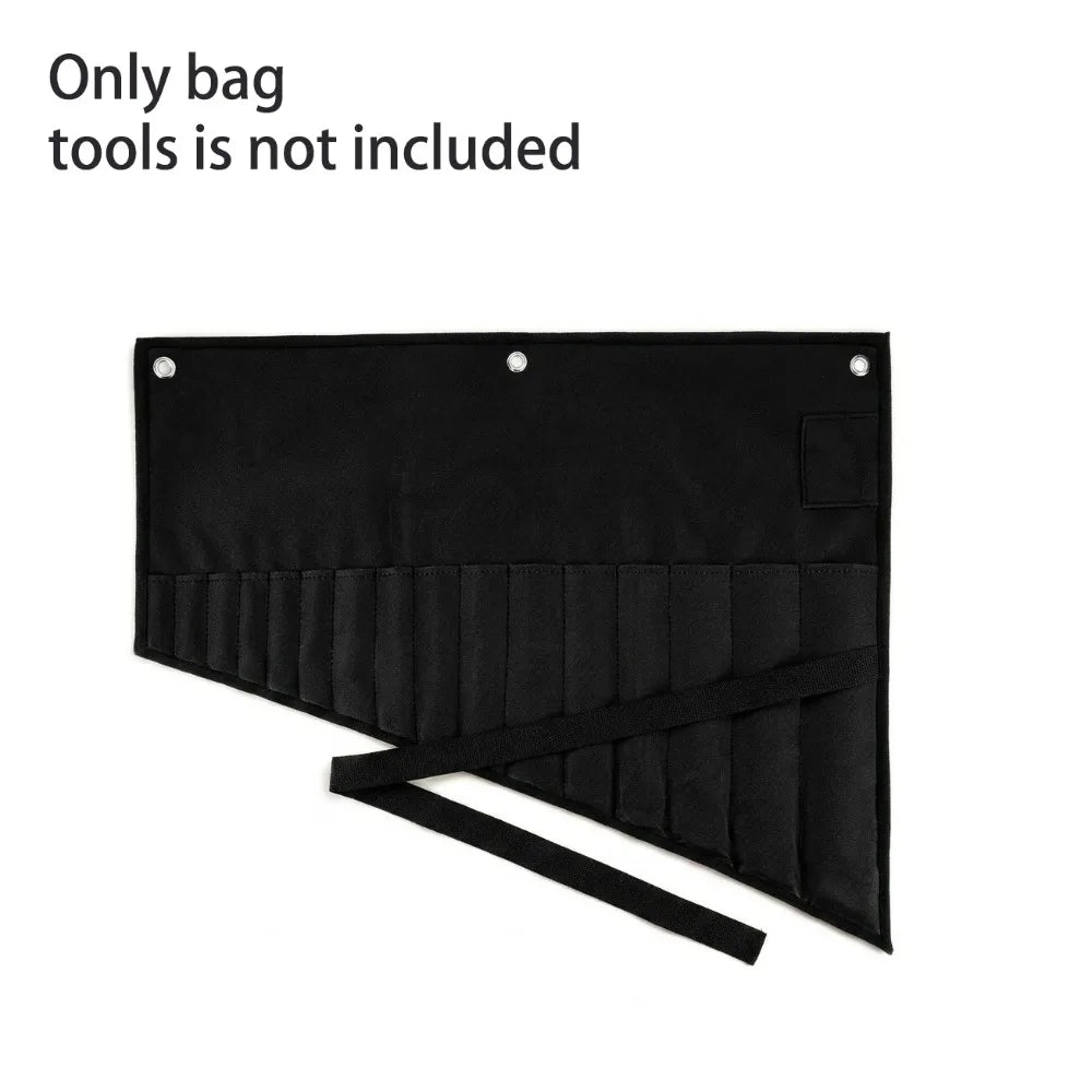 Black roll-up tool bag with multiple pockets and a strap shown flat.