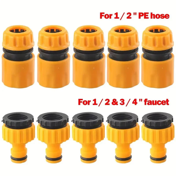 Set of plastic hose connectors and adapters for 1/2 inch and 3/4 inch faucet use