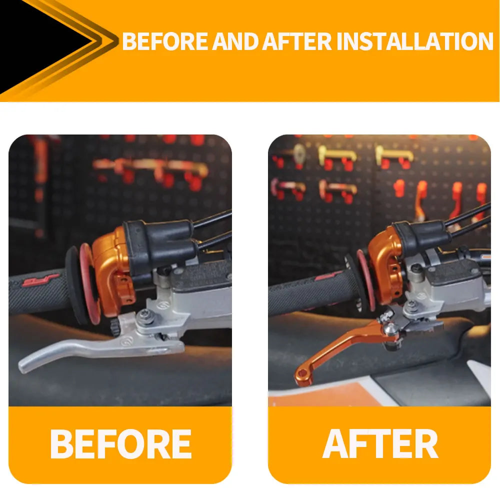 Before and after installation comparison of a CNC aluminum clutch and brake lever set for motorcycles.