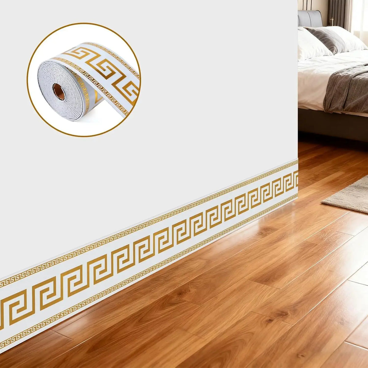 Roll of self-adhesive PVC foam wallpaper border trim with a gold and white Greek key pattern
