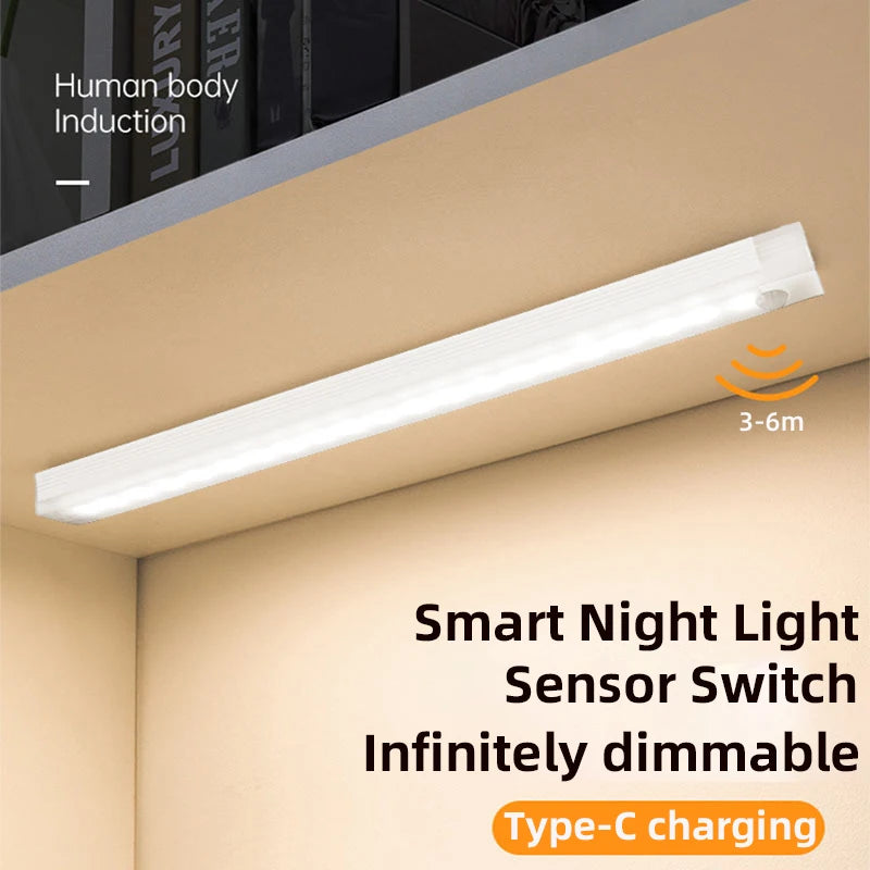 A white LED light bar with a human body induction sensor is mounted under a cabinet, featuring Type-C charging.