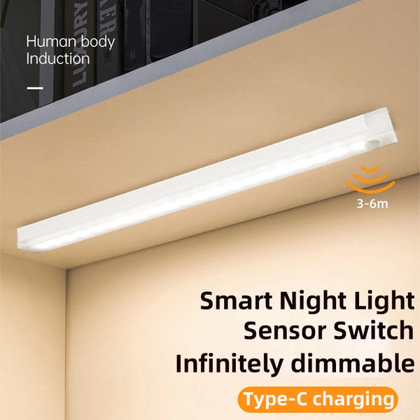 A white LED light bar with a human body induction sensor is mounted under a cabinet, featuring Type-C charging.