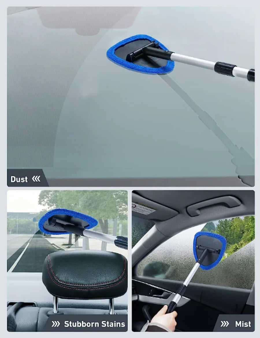 Extendable car windshield cleaner with a microfiber pad cleaning the glass.