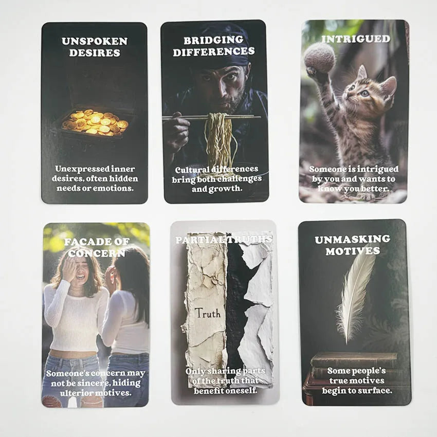 A set of nine oracle cards featuring various themes like unspoken desires, bridging differences, intrigued feelings, facade o