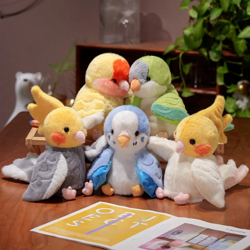 A collection of adorable plush parrot hand puppet toys in various colors and styles.