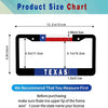 Product size chart showing dimensions for a Texas flag license plate frame.