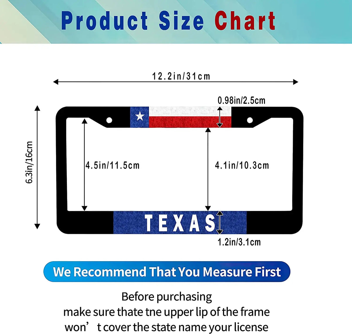 Product size chart showing dimensions for a Texas flag license plate frame.