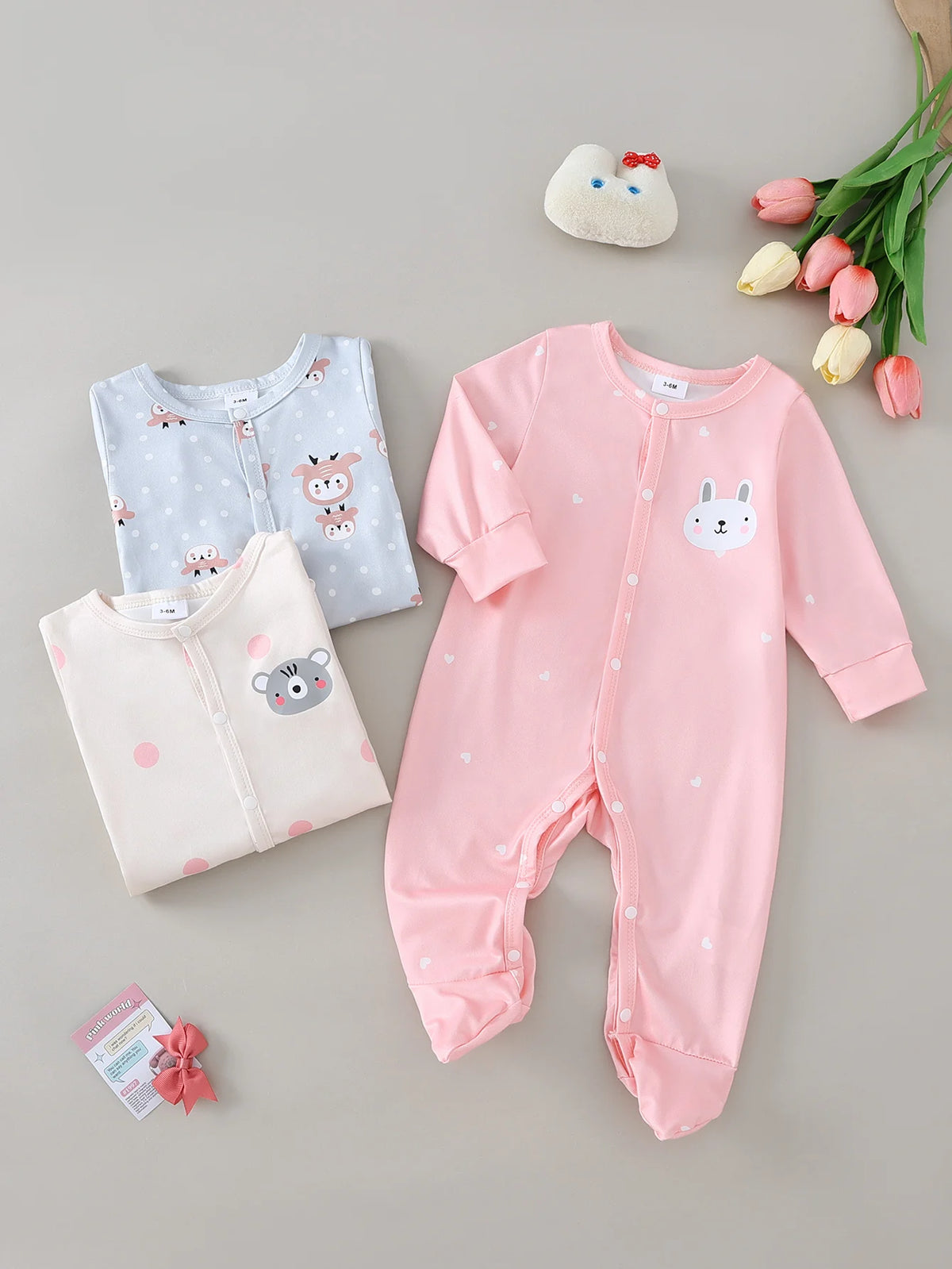 Newborn Baby Girls Footed Sleepers 3-Pack - Soft Long Sleeve Rompers with Adorable Patterns