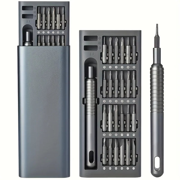 A gray compact precision screwdriver set with a protective case and multiple screwdriver tips.