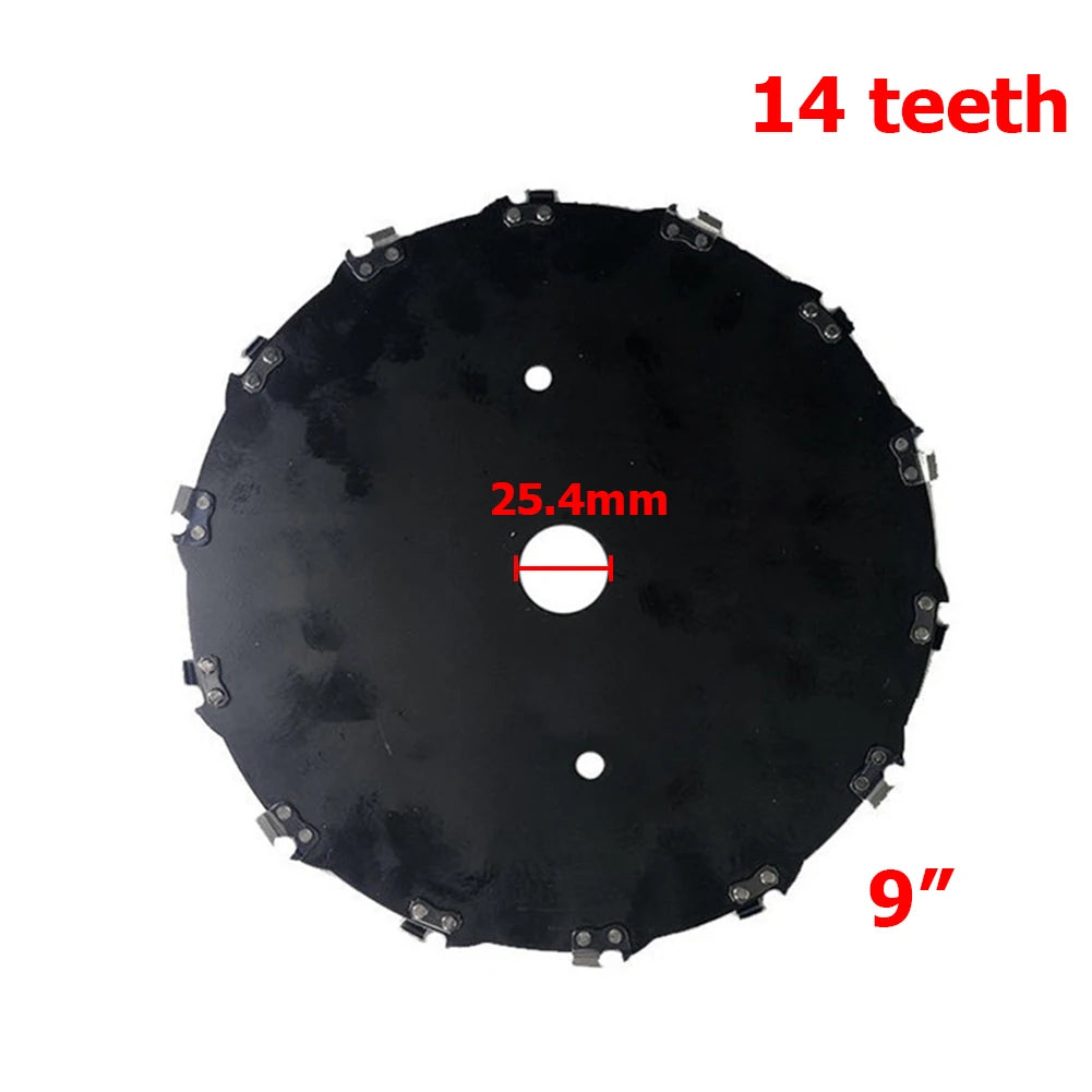 Black 9-inch alloy steel brush cutter blade with 14 teeth and a 25.4mm diameter.