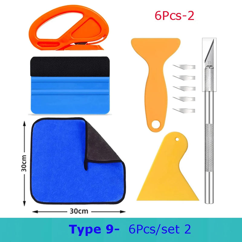 A set of 6 vinyl wrap and film application tools including a cutting tool, applicator, and various blades.
