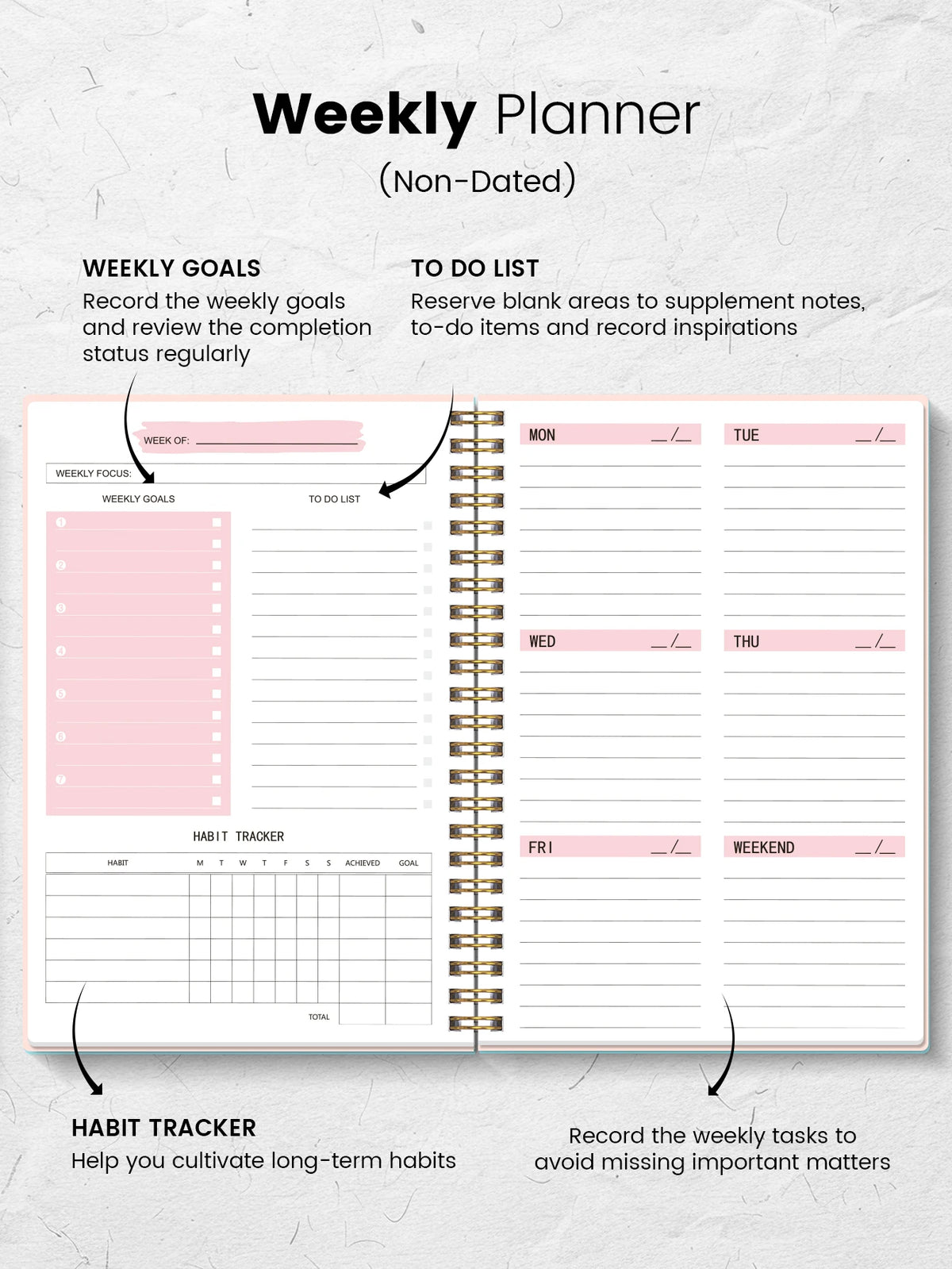 A5 Non-Dated Weekly Spiral Planner with Sticker Sheets