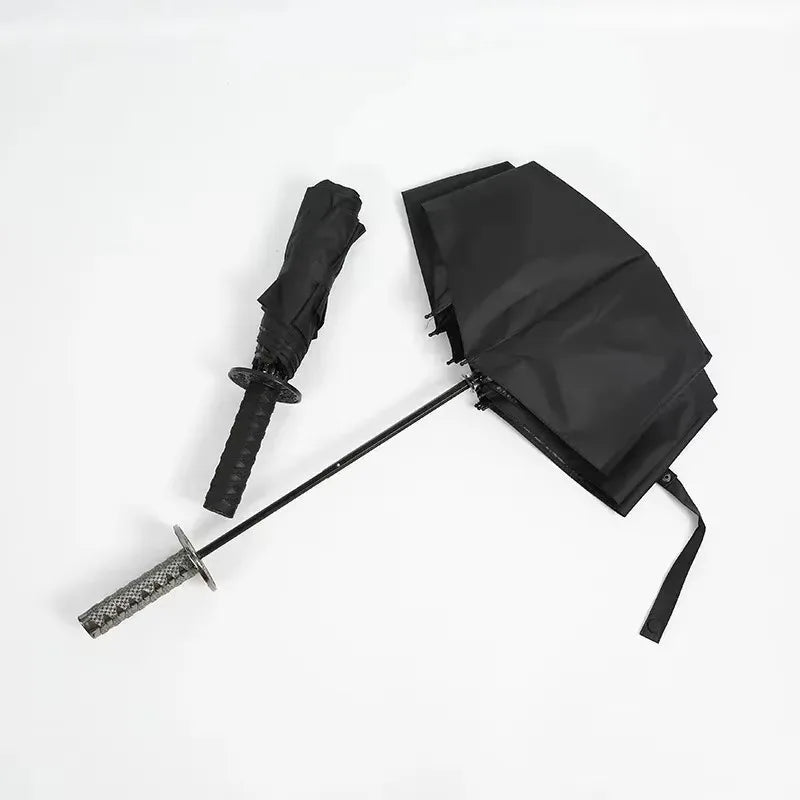 Black folding parasol and katana sword displayed on a white background.
