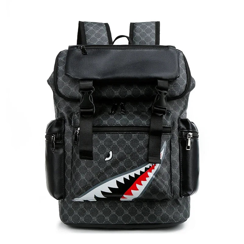 Black shark-inspired PU leather backpack with gray and black camouflage pattern