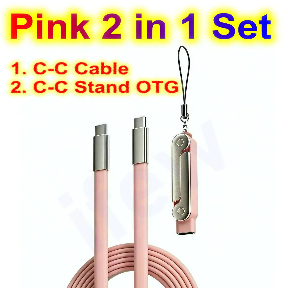 Pink 2 in 1 set featuring a USB-C cable and a stand for mobile phones.