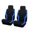 A pair of black and blue two-tone car seat covers shown side by side.
