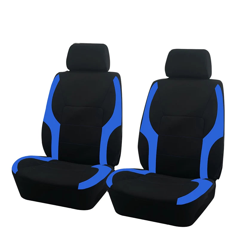 A pair of black and blue two-tone car seat covers shown side by side.