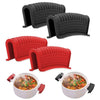 Two heat-resistant silicone pan handle covers in black and red, shown from the side.