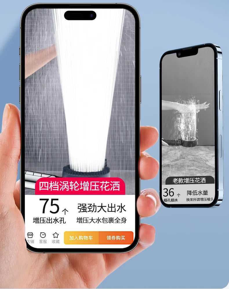 A hand holds a smartphone displaying a high-pressure shower head product and a separate image of the shower head in use.