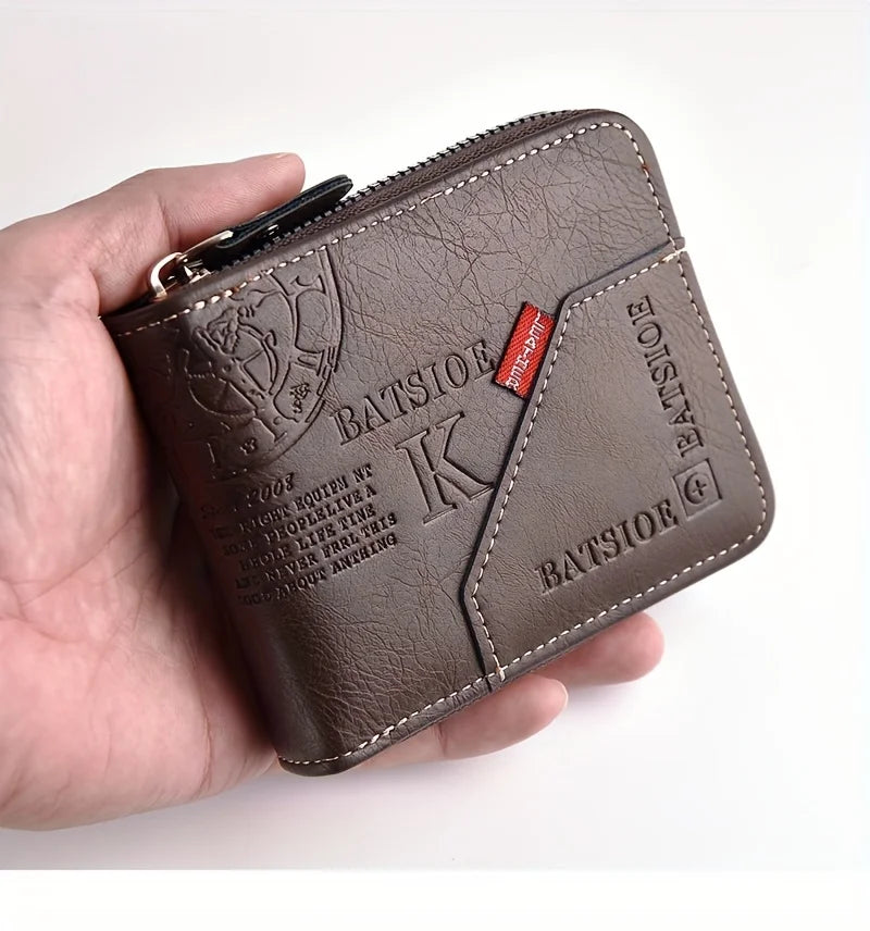 Men's Waxed Leather Card Holder Wallet with Zipper Coin Pocket