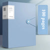 A light blue A4 expanding file organizer with clear pocket dividers and a page counter visible on the cover.