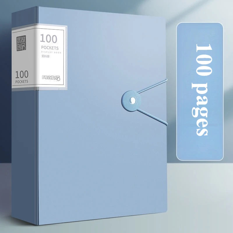 A light blue A4 expanding file organizer with clear pocket dividers and a page counter visible on the cover.