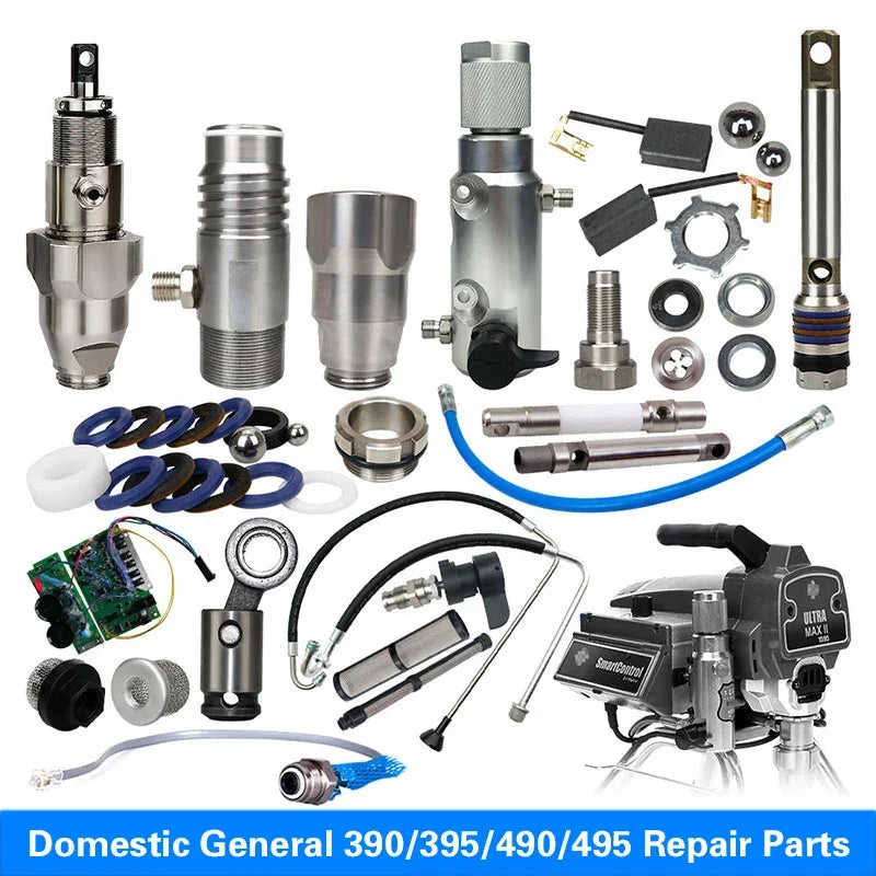 Repair parts kit for an airless sprayer pump including plunger rod, valve components, and related tools
