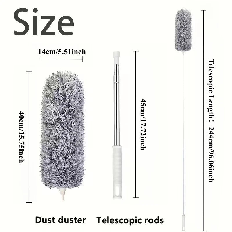 A gray electric duster with a telescopic rod and a fluffy microfiber head shown next to size measurements.