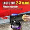 A hand holds a black jar of Car Plastic Restorer and Trim Renewal Coating with a yellow applicator, set against a red car sur