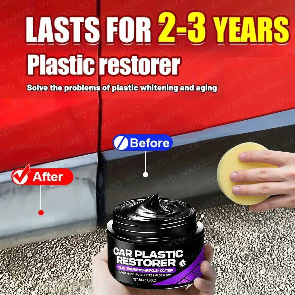 A hand holds a black jar of Car Plastic Restorer and Trim Renewal Coating with a yellow applicator, set against a red car sur