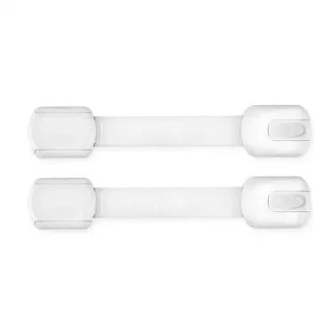A pair of clear adjustable baby safety locks designed for cabinets, drawers, and refrigerators.