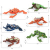 A collection of five realistic animal figurines, including a bright orange frog, a blue lizard, and green frogs, displayed wi