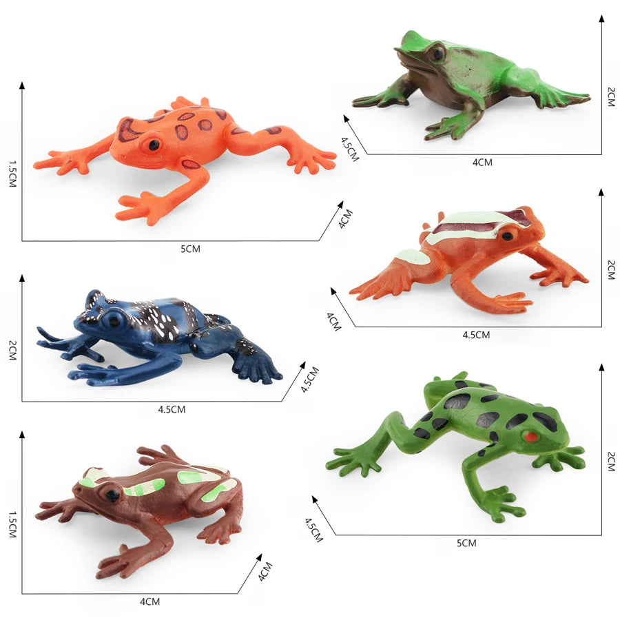 A collection of five realistic animal figurines, including a bright orange frog, a blue lizard, and green frogs, displayed wi
