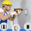 A construction worker in a yellow hard hat is using a tool to install a rust-proof galvanized outlet spacer kit into a wall.