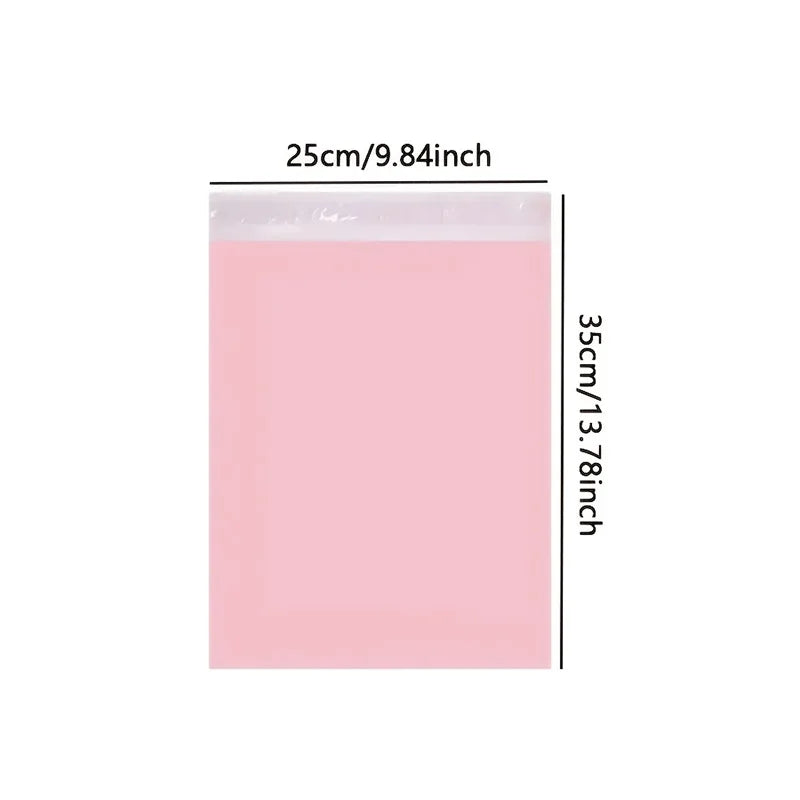 A pink self-adhesive waterproof mailing bag measuring 25cm by 35cm.