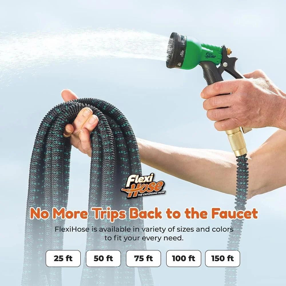 A hand sprays water from a green FlexiHose garden hose onto a surface.