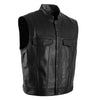 Black faux leather biker vest for men with a collar and flap pockets