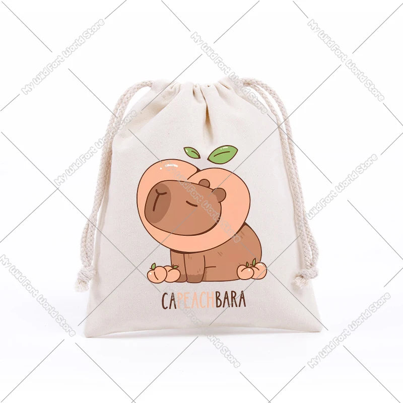 A beige drawstring storage bag featuring a cute, round capybara face design.