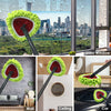 A collection of green chenille mop heads shown in various contexts including a glass window, wall, ceiling, and car.