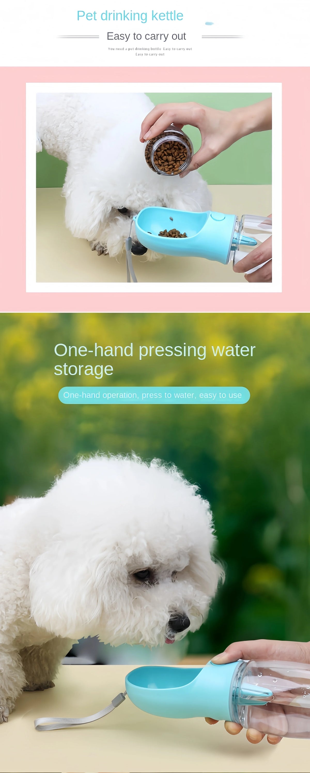 A person is using a blue pet water bottle with food storage to dispense water for a dog.