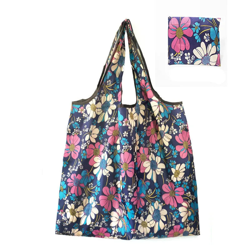 Foldable Nylon Reusable Shopping Bag with Floral Print