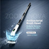 A long, white antibacterial brush head is shown against a dark blue background with text promoting its cleaning effectiveness